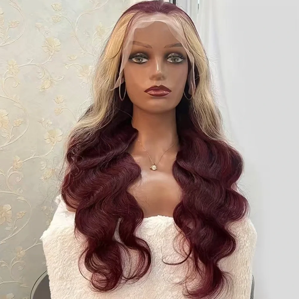 💕 SHEN 24” 99J Skunk Stripe Burgundy Blonde Colored Lace Front Human Hair *NEW*